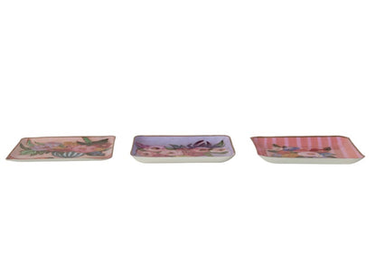 Set of three square enamel trays, hand-painted with pink, purple, and peach floral and striped designs. Available in small (4″), medium (6″), and large (8″) sizes. Suitable for use as a jewelry organizer or decorative accent.