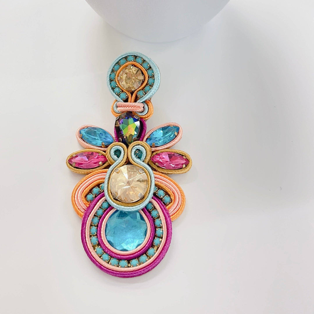 Colorful handmade earrings with pink, blue, gold, turquoise stones, pastel embroidery. Available in small and large sizes.