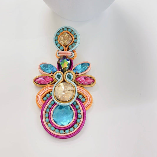 Colorful handmade earrings with pink, blue, gold, turquoise stones, pastel embroidery. Available in small and large sizes.
