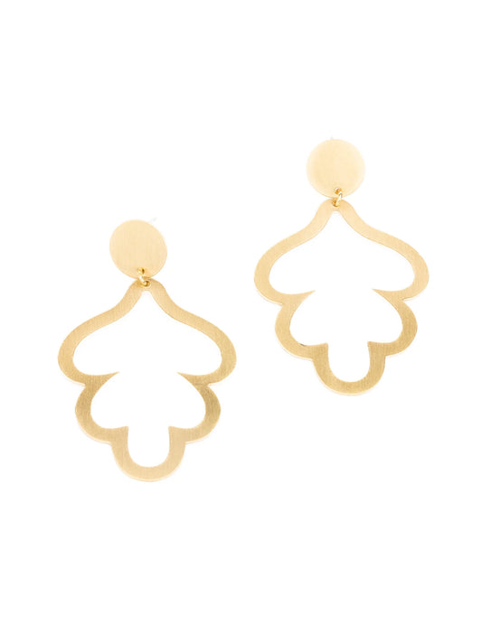 Janel Earrings: 18K gold plated, matte drop earrings with abstract openwork floral design, round studs. Hypoallergenic. Sizes: S/M/L.