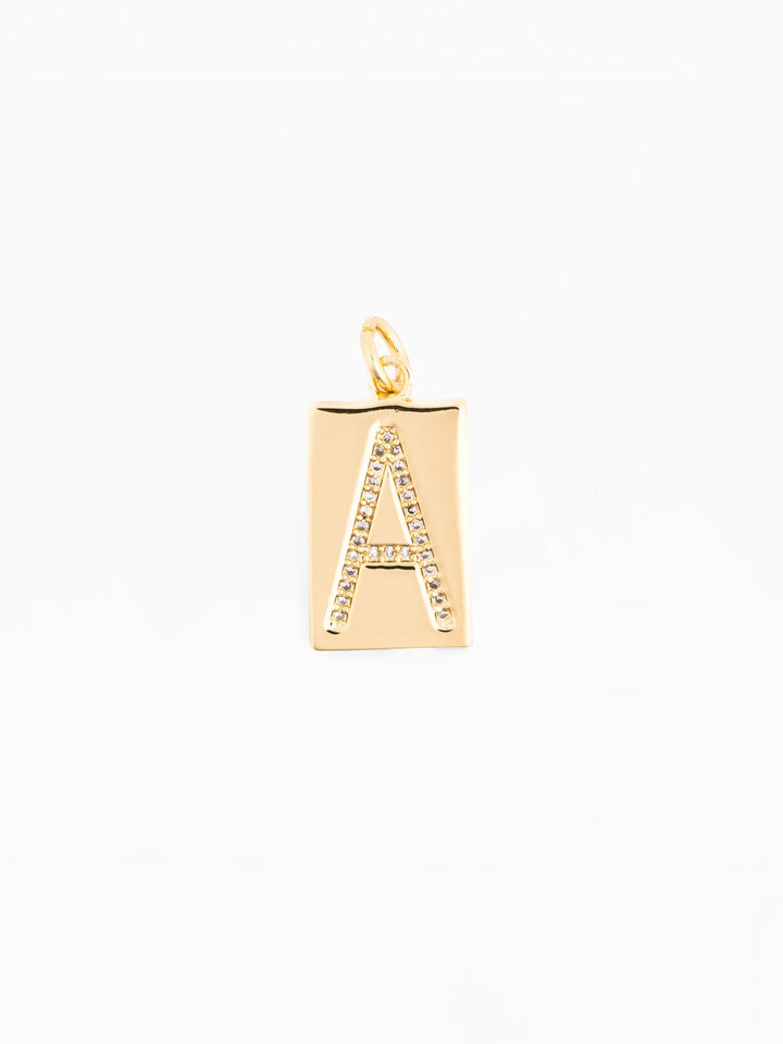 Gold rectangular pendant necklace with a crystal-studded capital “A” on 18k gold-plated, hypoallergenic chain; sizes available: 16″, 18″, and 20″.