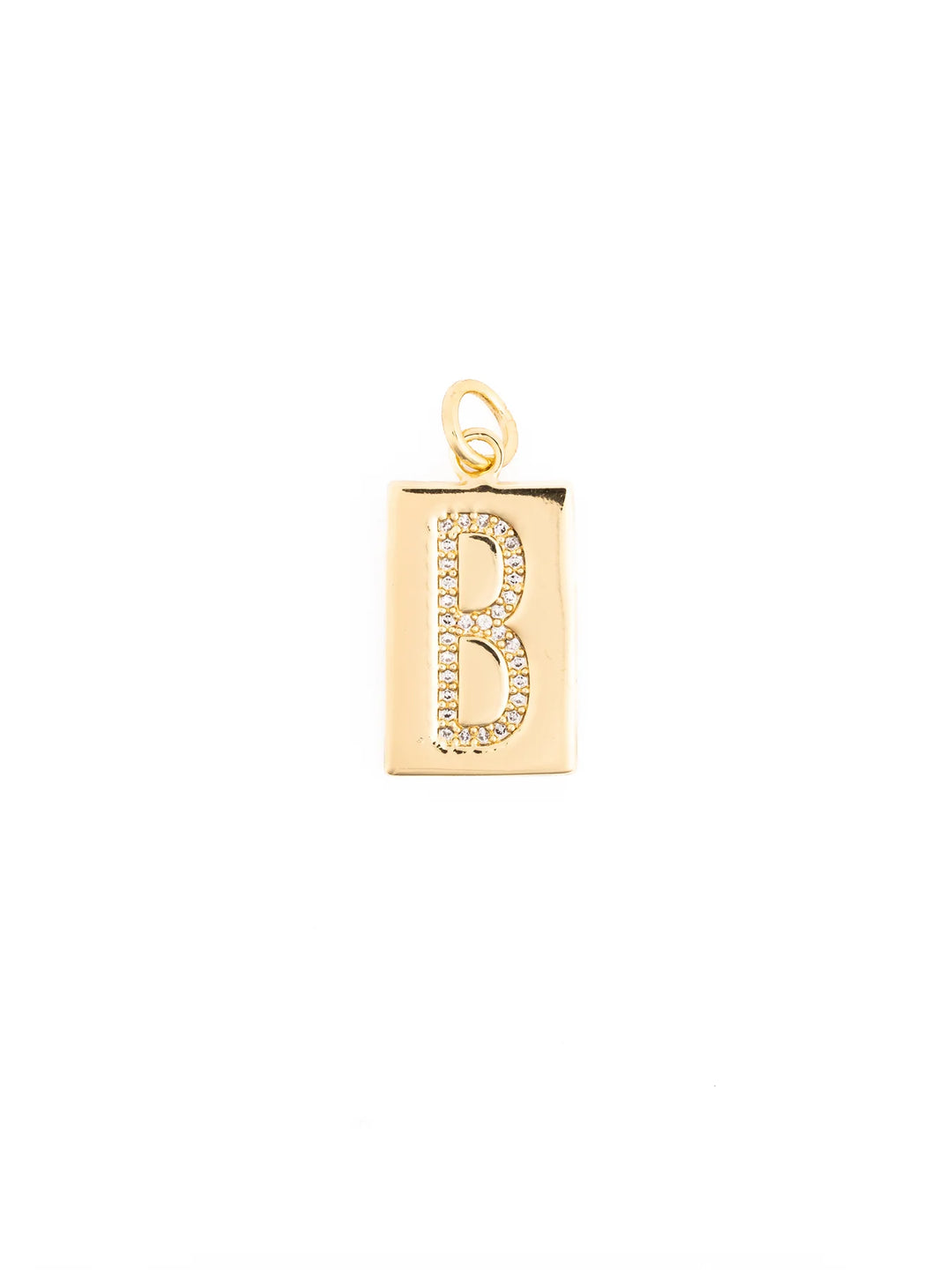The Thea Charm Bar is an 18k gold plated rectangular pendant with a raised, gemstone-encrusted letter “B” and a small loop for attachment. Available in multiple sizes.