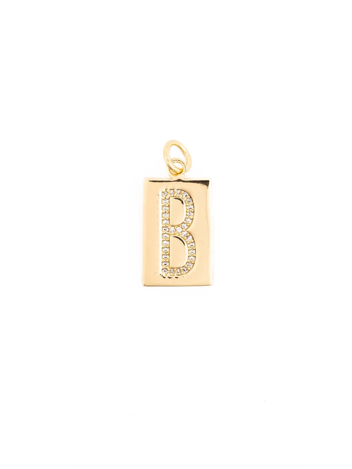The Thea Charm Bar is an 18k gold plated rectangular pendant with a raised, gemstone-encrusted letter “B” and a small loop for attachment. Available in multiple sizes.