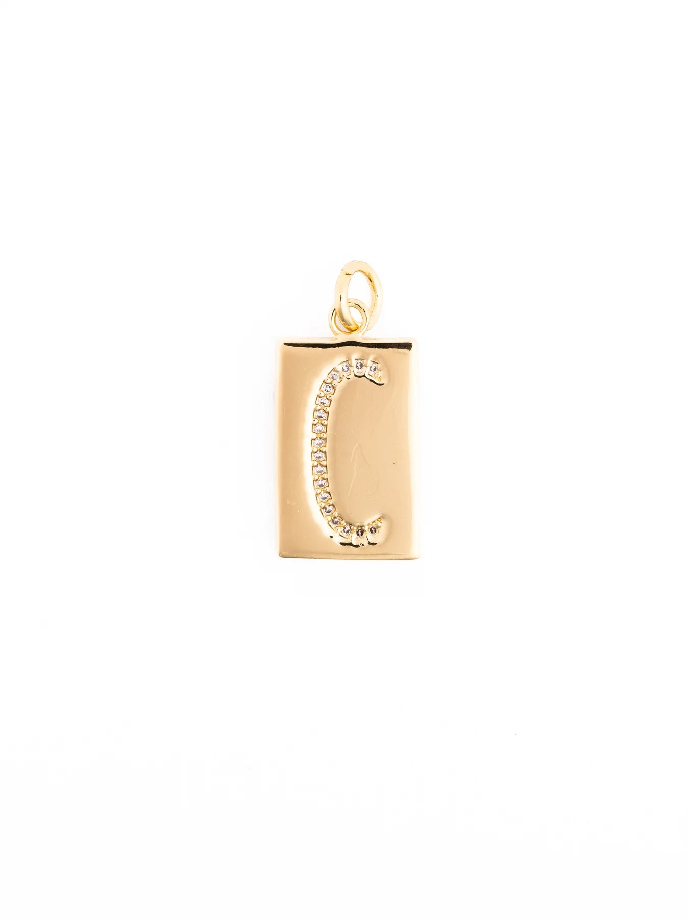 Gold rectangular pendant with a raised, stone-studded letter “C” on an 18k gold plated, hypoallergenic chain. Available in multiple sizes. Customizable necklace.