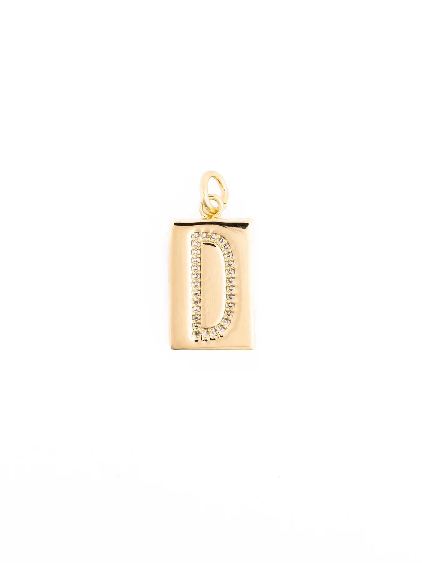 Customizable gold rectangular pendant necklace with the letter “D” in clear stones, 18k gold-plated, hypoallergenic, small loop for chain. Available in multiple sizes.