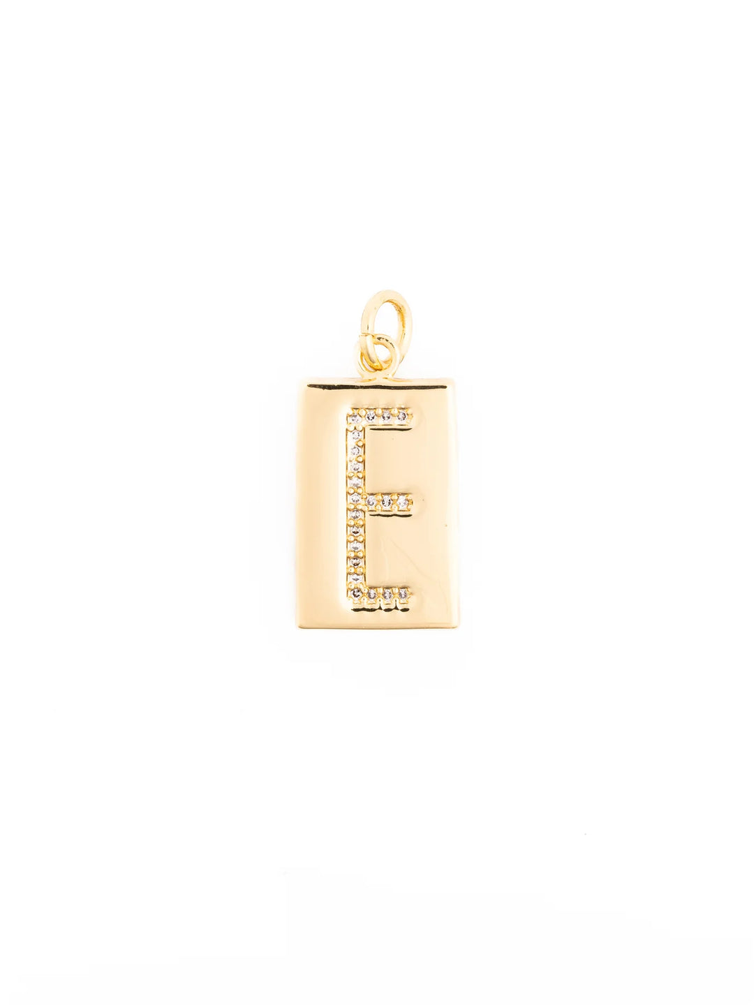 Thea Charm Bar: gold rectangular pendant with letter “E” outlined in clear gemstones, 18k gold-plated, hypoallergenic. Available in multiple sizes.