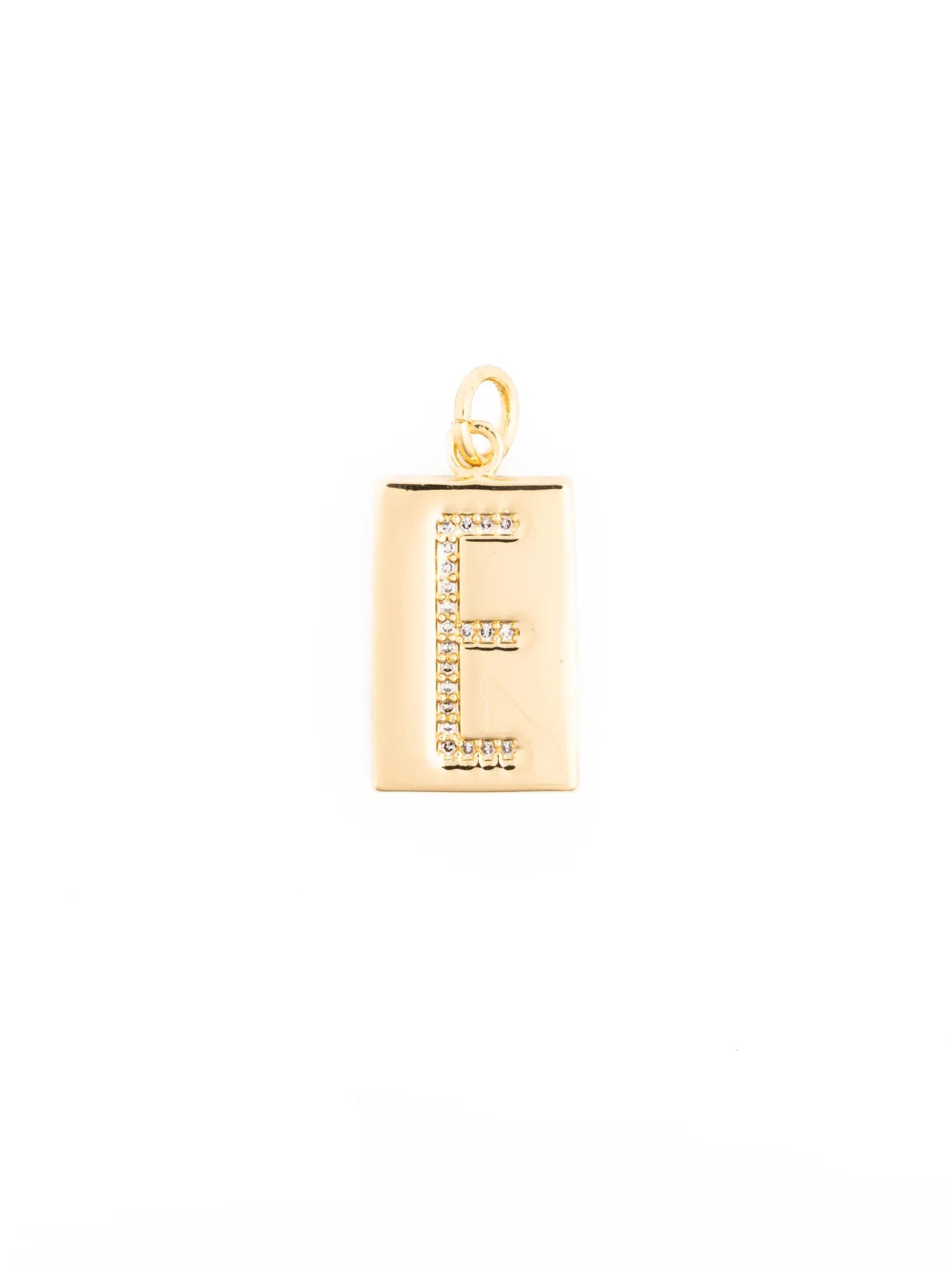 Thea Charm Bar: gold rectangular pendant with letter “E” outlined in clear gemstones, 18k gold-plated, hypoallergenic. Available in multiple sizes.
