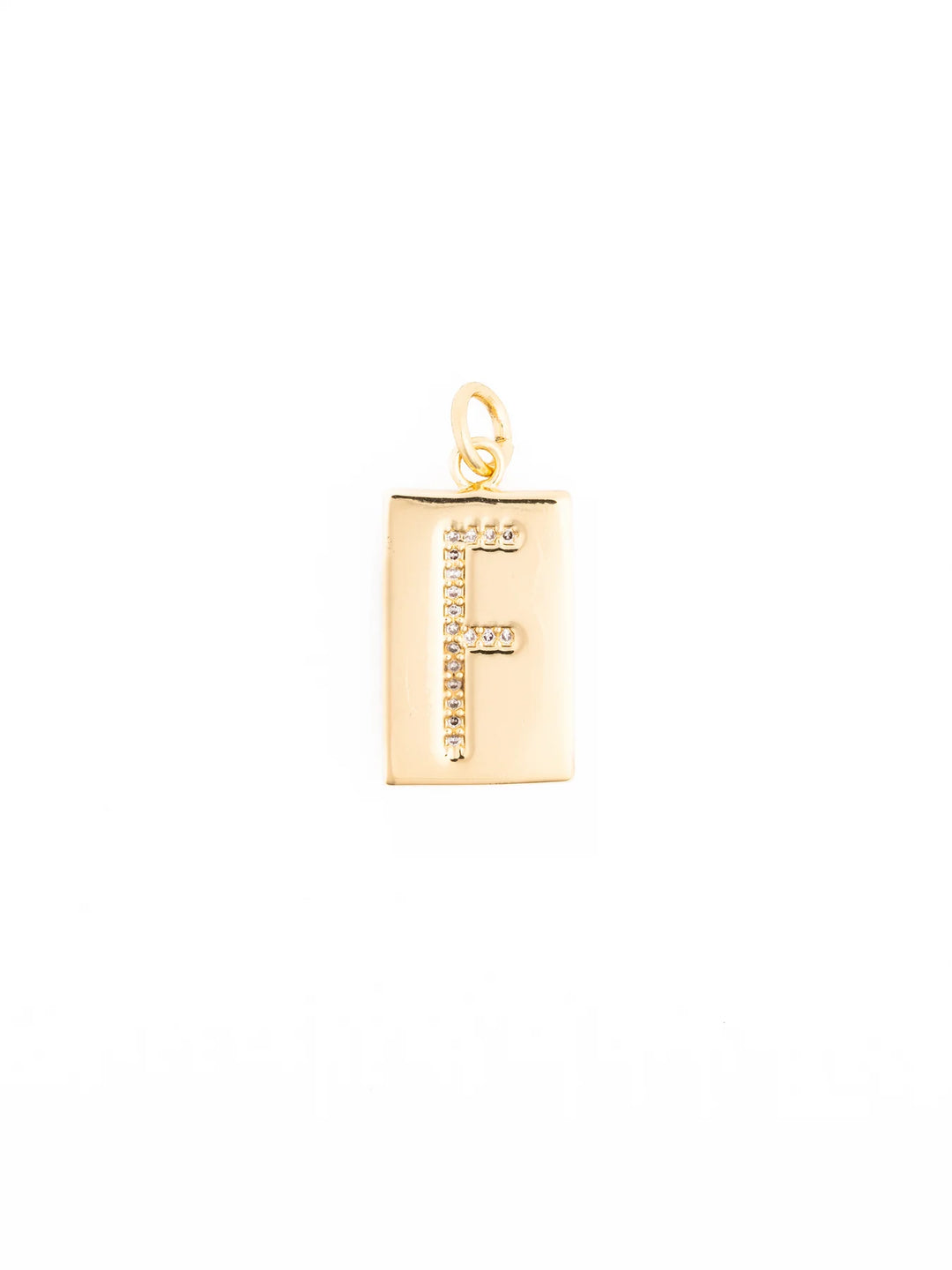 Thea Charm Bar is a customizable rectangular 18k gold plated pendant necklace featuring the letter “F” in clear stones, hypoallergenic. Available sizes: 16″, 18″, and 20″.
