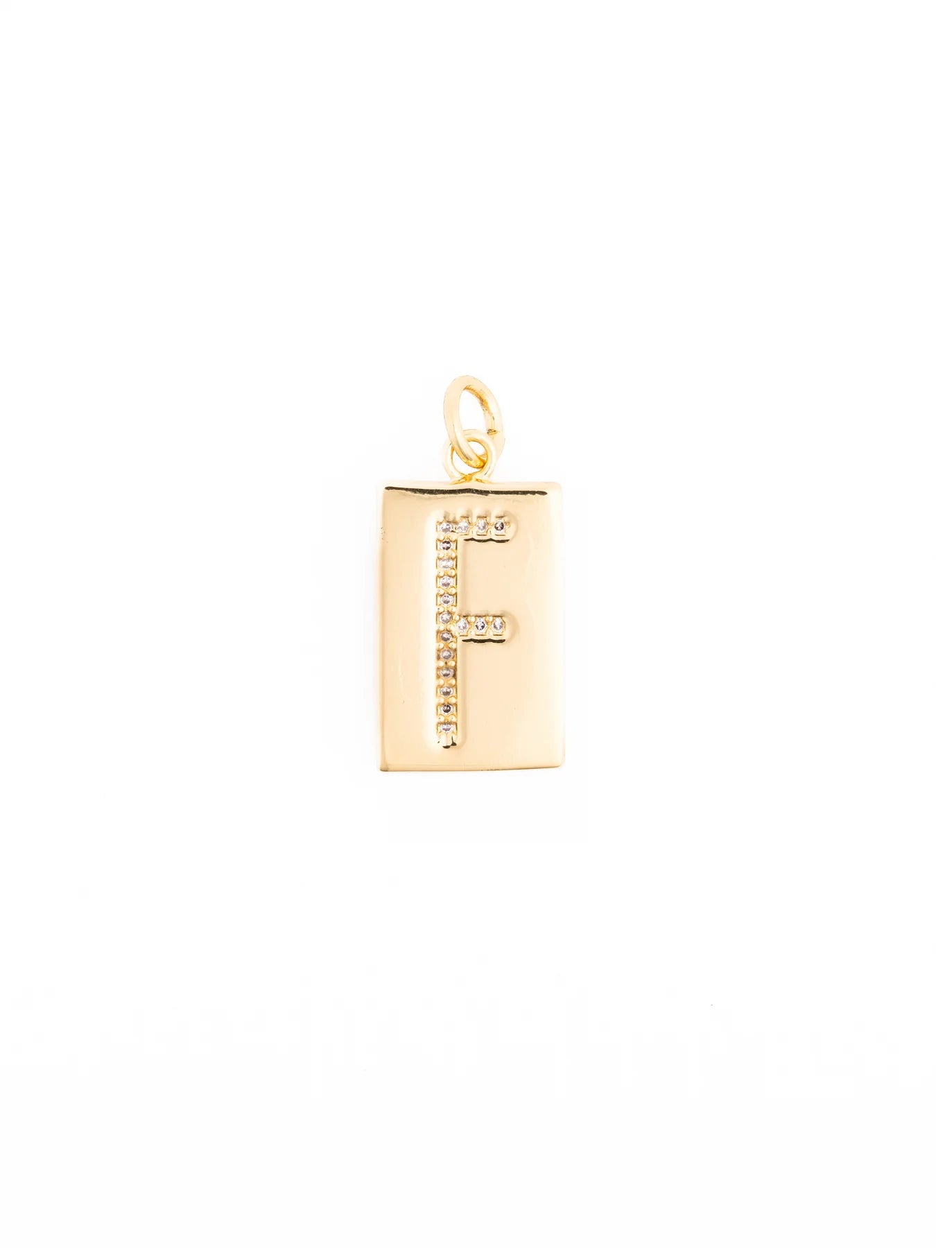 Thea Charm Bar is a customizable rectangular 18k gold plated pendant necklace featuring the letter “F” in clear stones, hypoallergenic. Available sizes: 16″, 18″, and 20″.