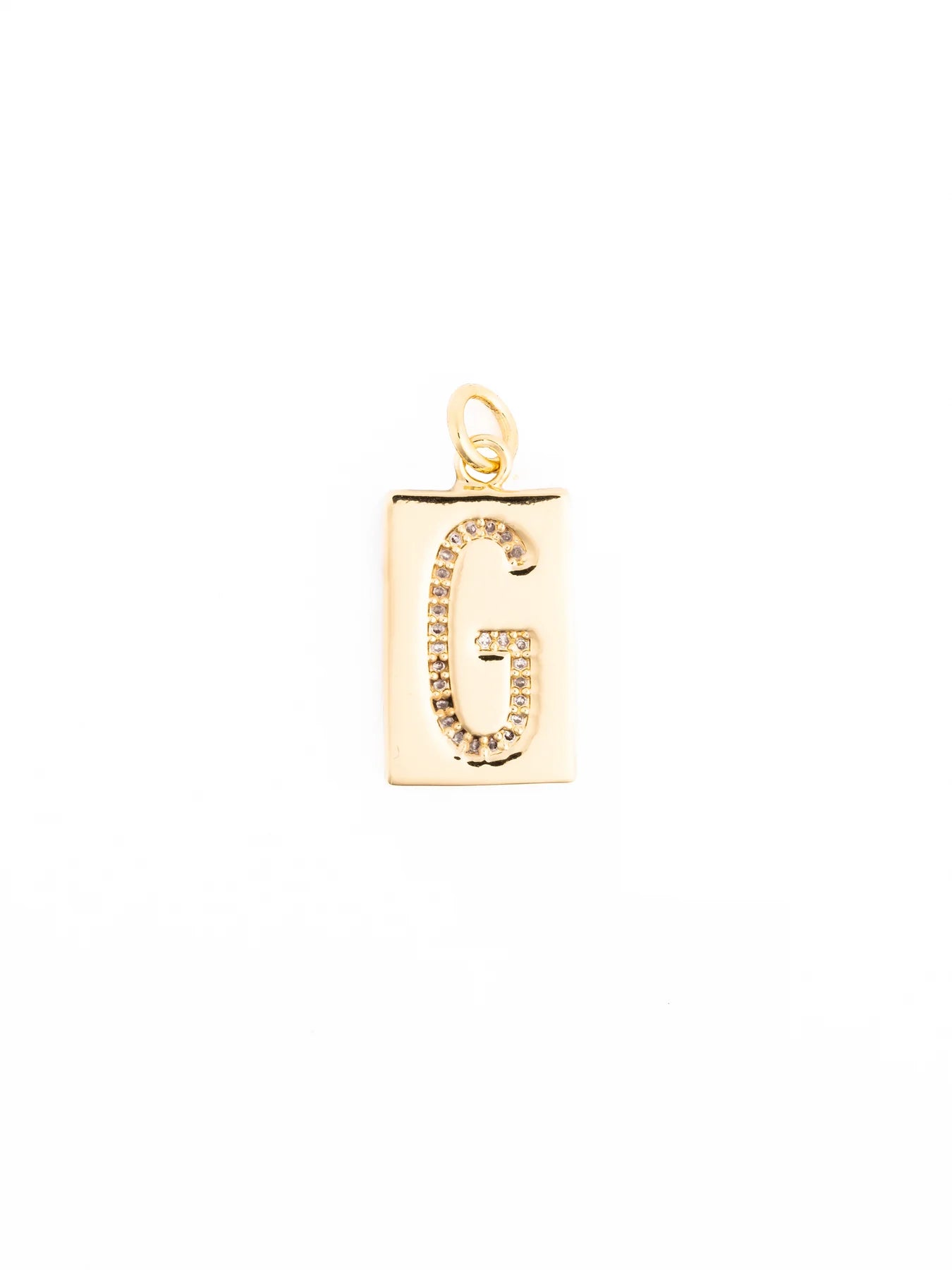 18k gold plated rectangular pendant necklace with letter “G” in clear gemstones; customizable, hypoallergenic, available in multiple sizes.