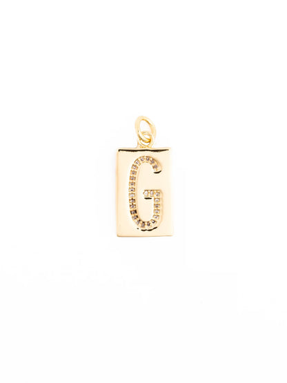 18k gold plated rectangular pendant necklace with letter “G” in clear gemstones; customizable, hypoallergenic, available in multiple sizes.