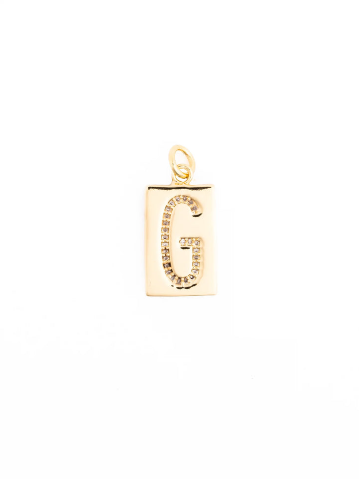 18k gold plated rectangular pendant necklace with letter “G” in clear gemstones; customizable, hypoallergenic, available in multiple sizes.