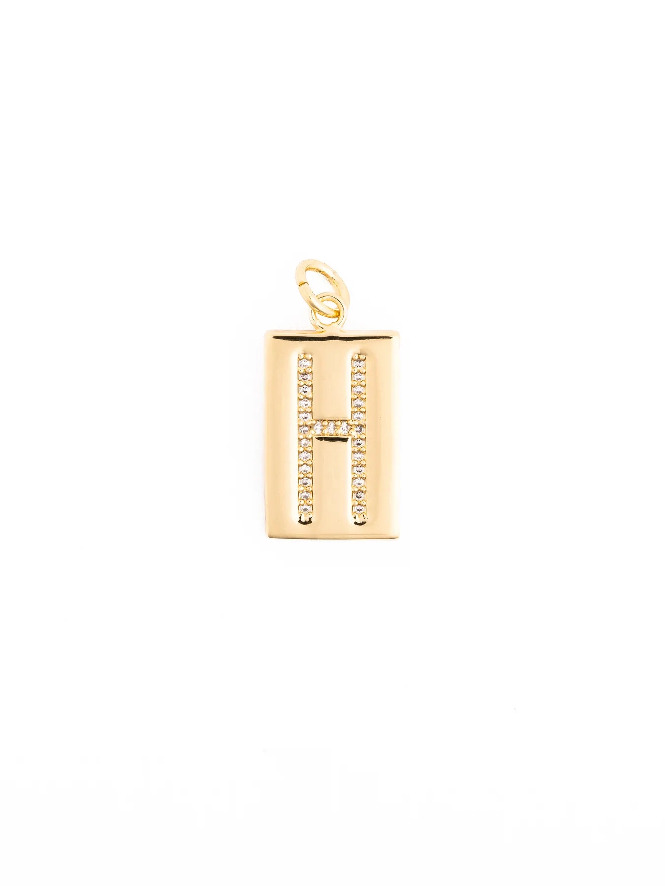 Customizable gold rectangular pendant with pavé crystal letter “H,” small attachment loop, hypoallergenic 18k gold-plated material. Available sizes: small, medium, large.