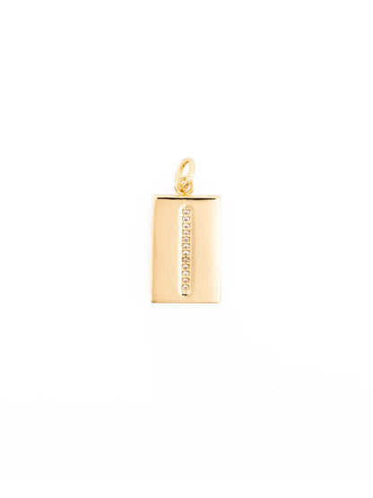 Thea Charm Bar is an 18k gold-plated, hypoallergenic necklace featuring a rectangular pendant with a vertical row of clear stones and a circular gold loop at the top. Available in multiple sizes.