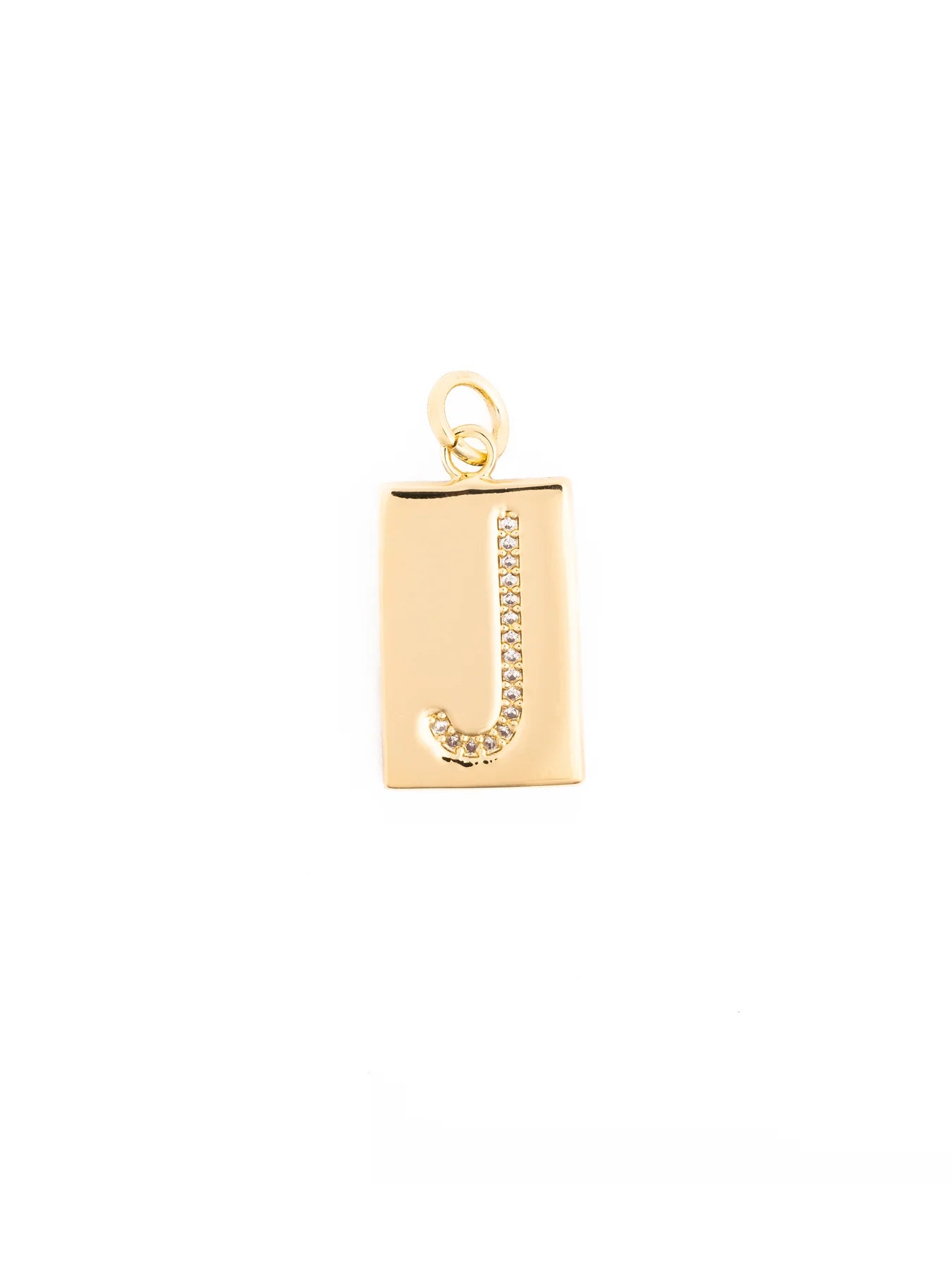 Thea Charm Bar: gold rectangular pendant with raised letter “J” and clear stones, petite loop for attachment, hypoallergenic. Available in multiple sizes.