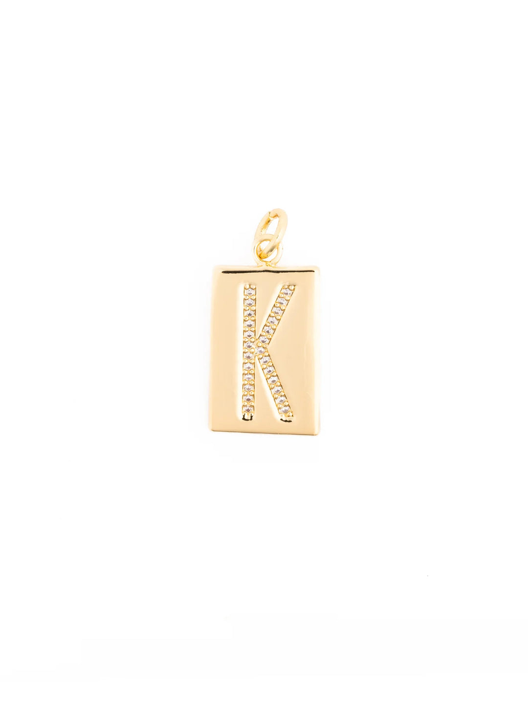 18k gold-plated rectangular pendant with a diamond-studded letter “K” at the center, attached to a small gold loop. Available in multiple sizes.