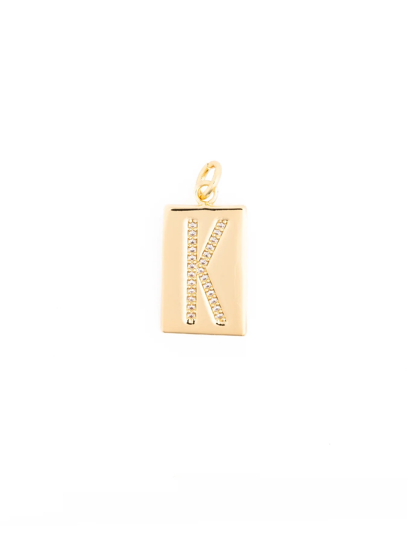 18k gold-plated rectangular pendant with a diamond-studded letter “K” at the center, attached to a small gold loop. Available in multiple sizes.