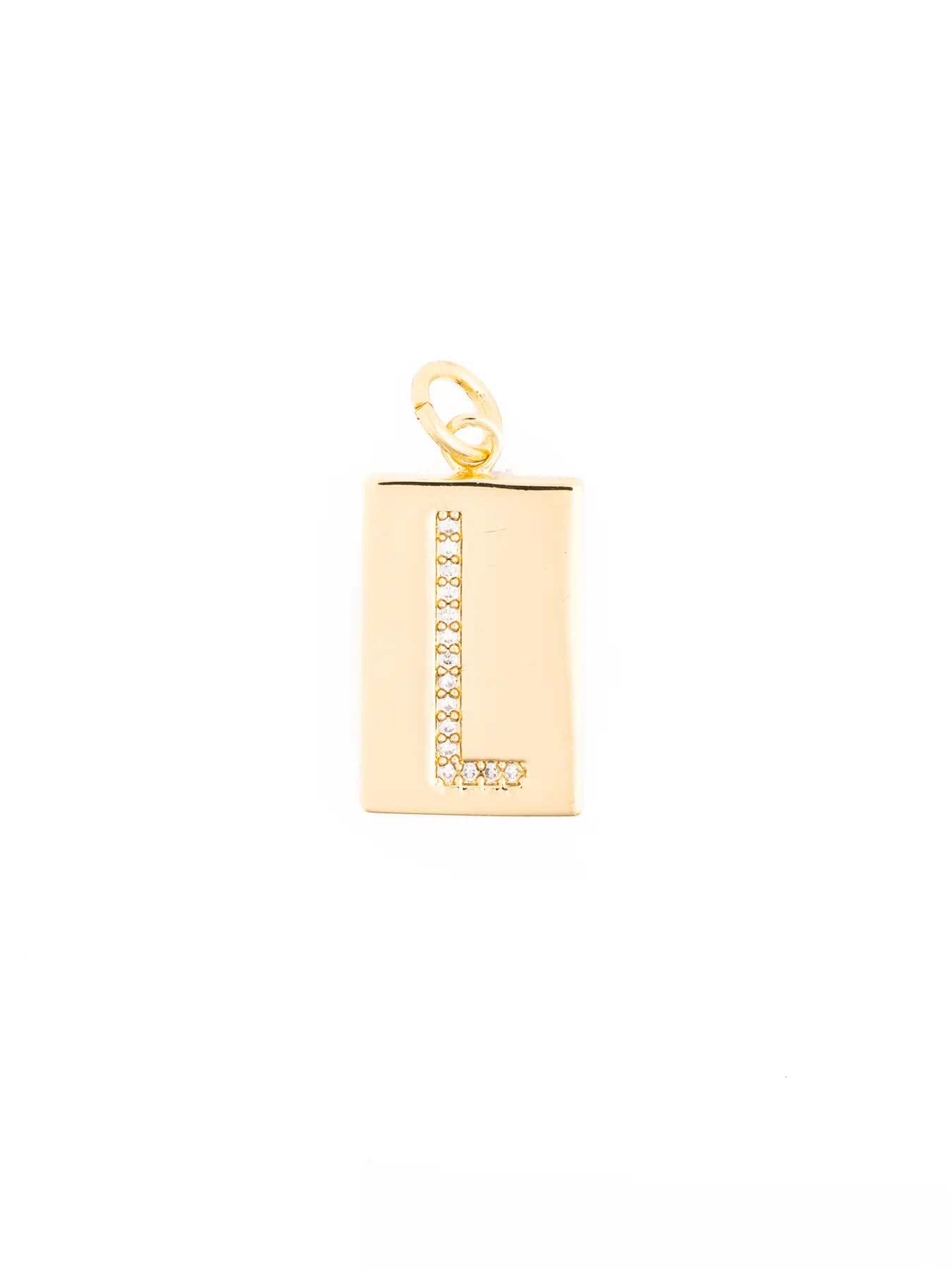 Rectangular 18k gold-plated pendant with the letter “L” in clear stones; customizable necklace available in multiple sizes.