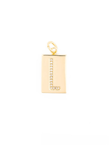 Rectangular 18k gold-plated pendant with the letter “L” in clear stones; customizable necklace available in multiple sizes.