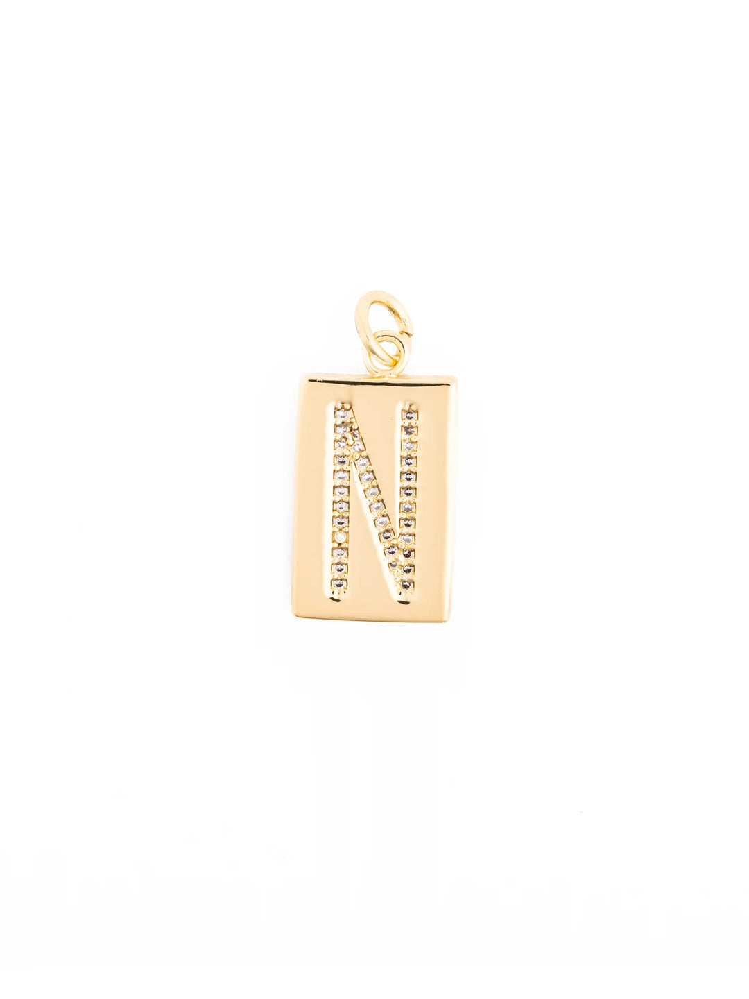 Thea Charm Bar: 18k gold plated rectangular pendant with the letter “N” outlined in clear stones and a top loop for attachment. Hypoallergenic. Available sizes: please check product listing for details.
