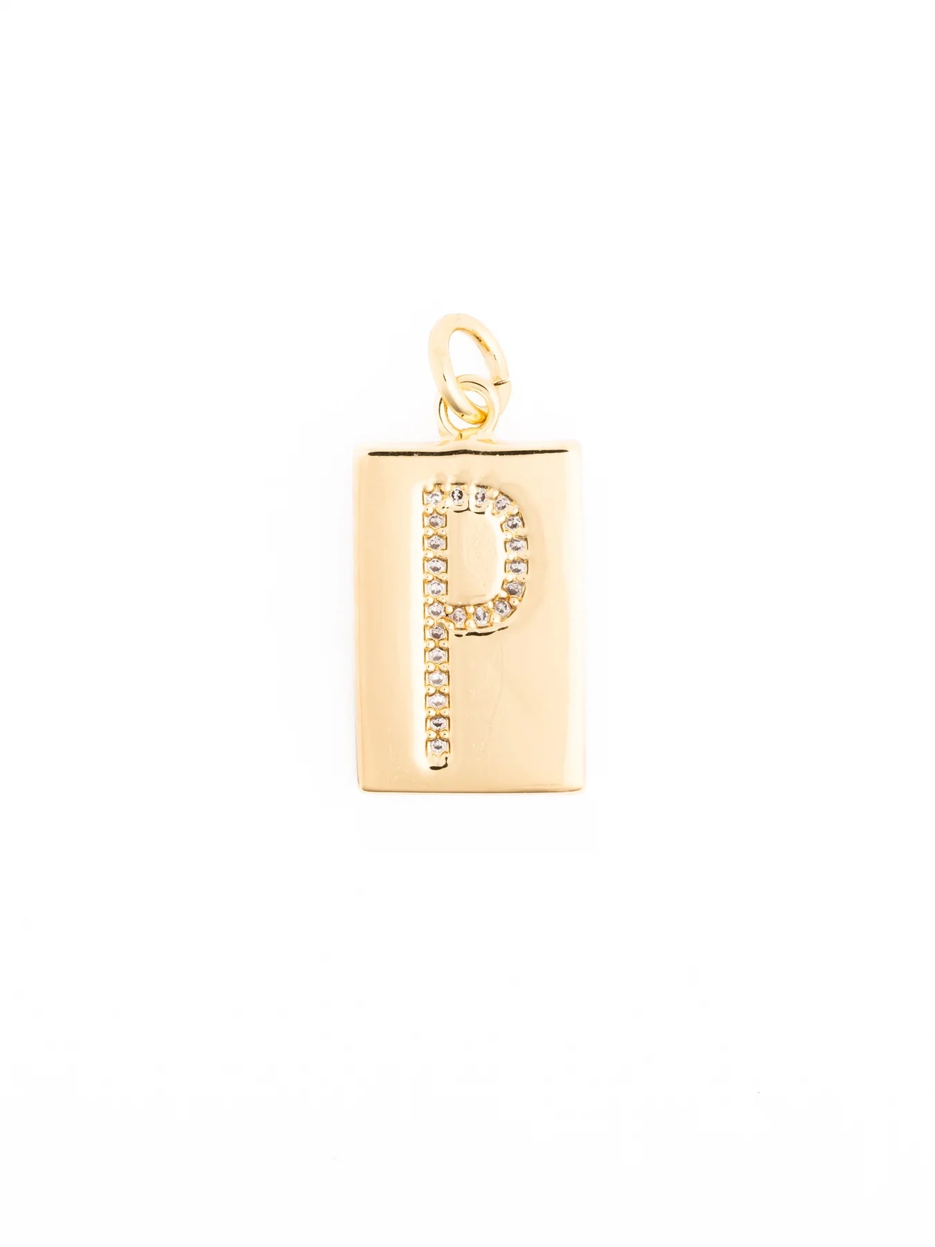 Rectangular 18k gold plated pendant with a loop, featuring the letter “P” in clear gemstones. Available in multiple sizes.