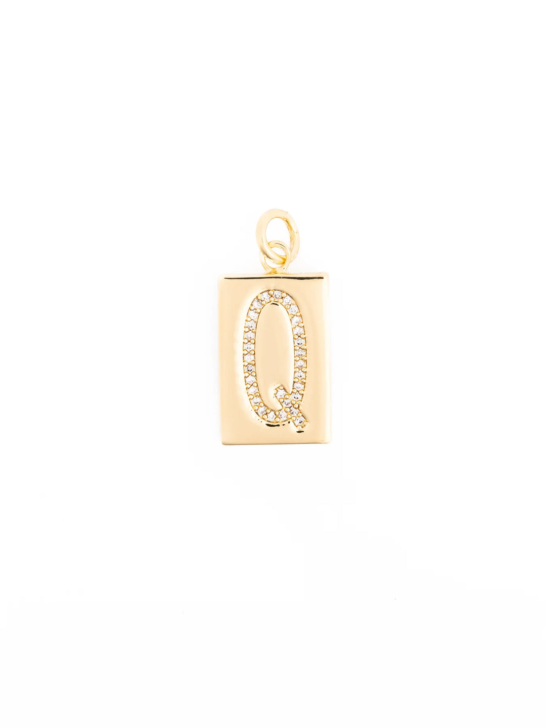 Rectangular 18k gold-plated pendant with a loop, featuring the letter “Q” outlined in clear stones; hypoallergenic. Available in multiple sizes.