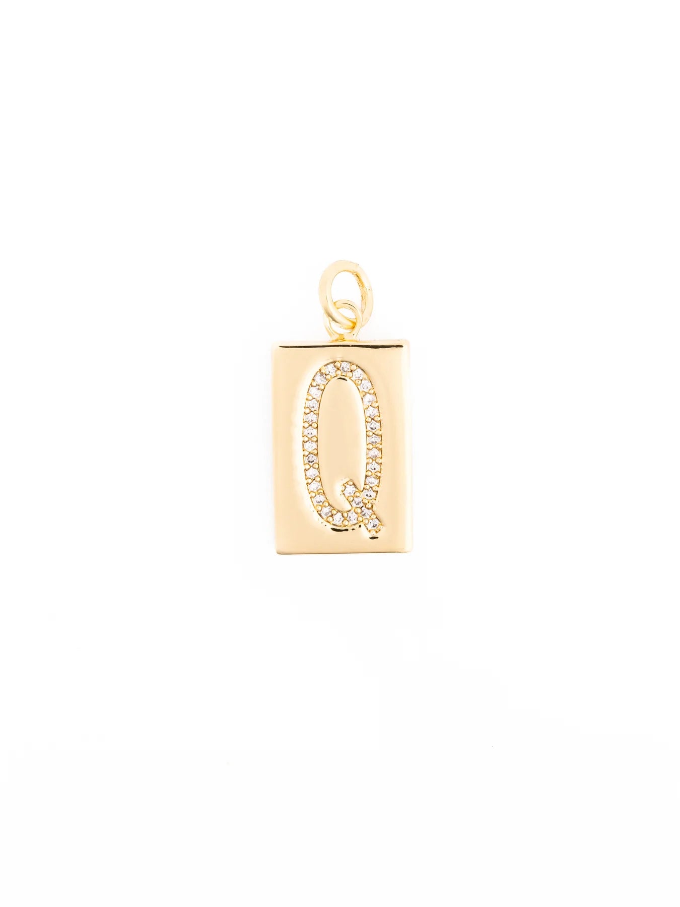 Rectangular 18k gold-plated pendant with a loop, featuring the letter “Q” outlined in clear stones; hypoallergenic. Available in multiple sizes.
