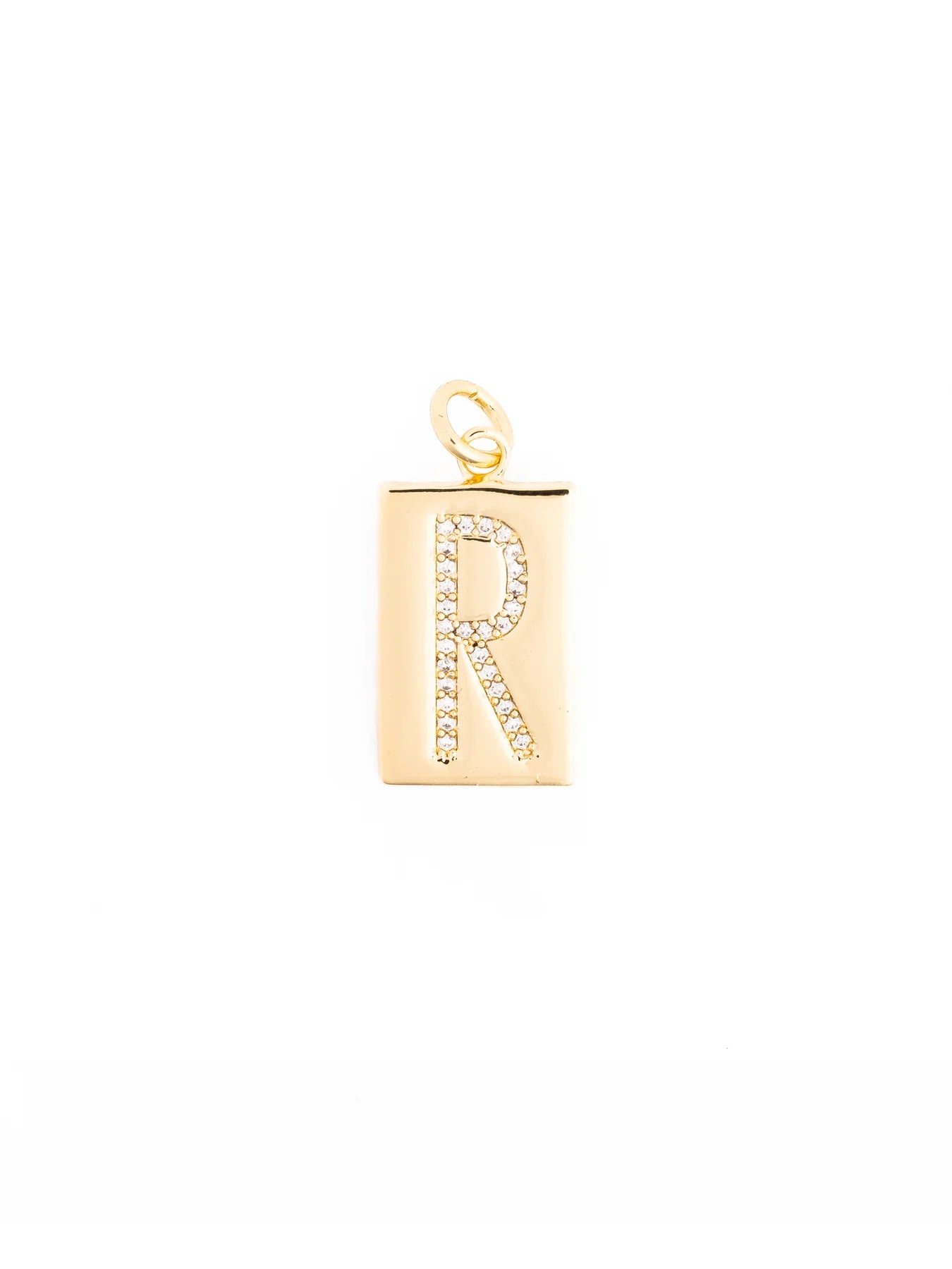 Gold rectangular pendant with a cutout “R” and clear stones, suspended from a gold loop. 18k gold-plated. Available in multiple sizes.