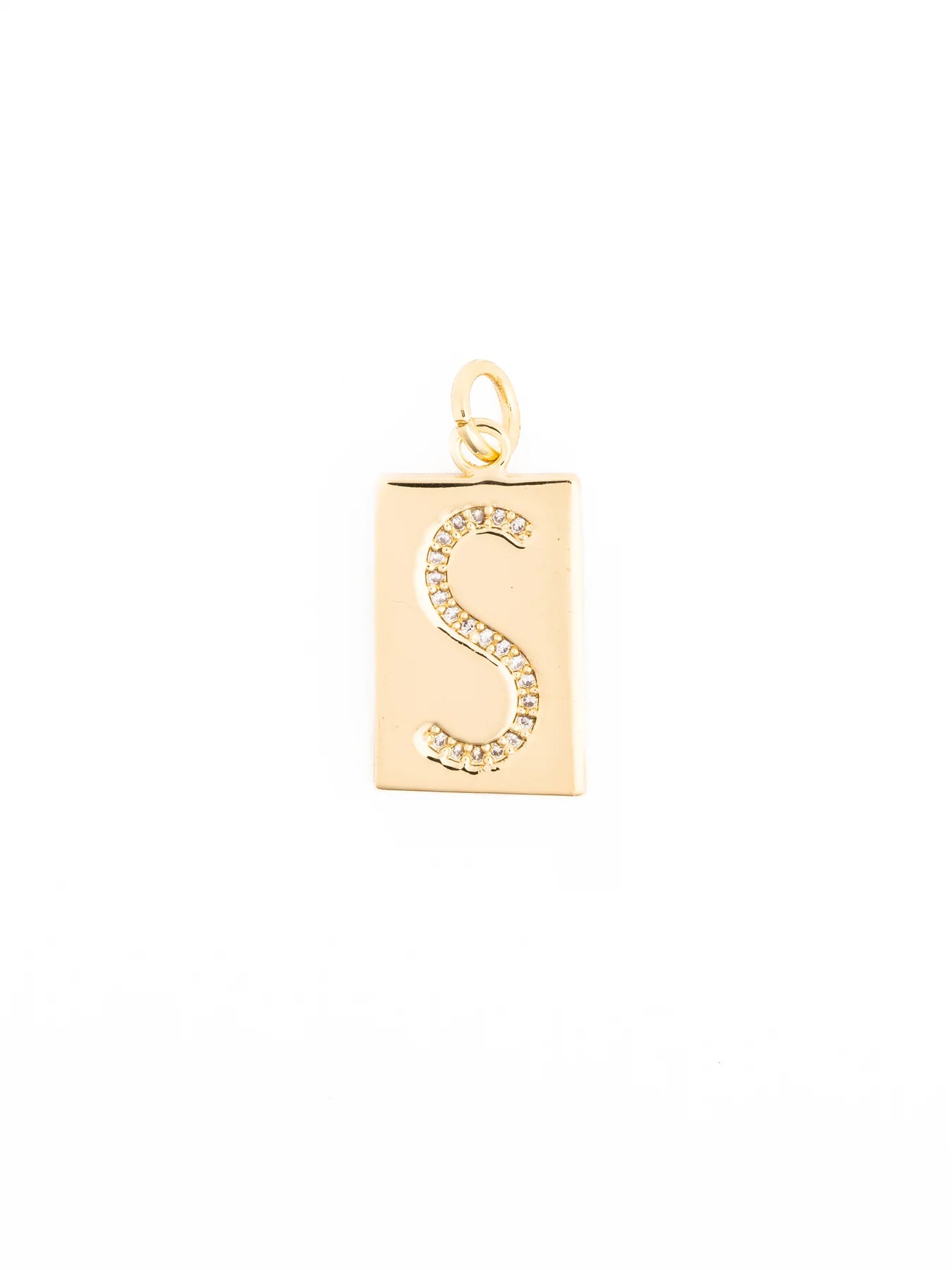 Gold rectangular pendant with diamond-encrusted letter “S” at the center and a small top loop for attachment; hypoallergenic. Available in multiple sizes.