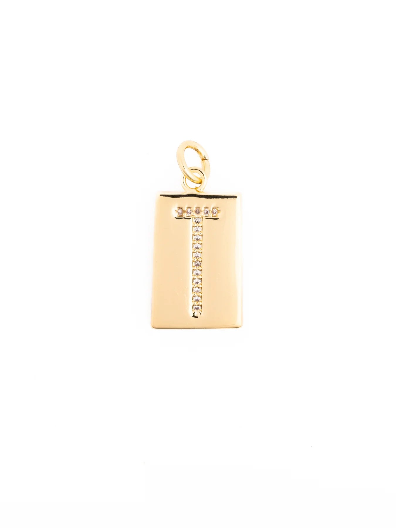 Thea Charm Bar is a hypoallergenic 18k gold-plated necklace featuring a rectangular pendant with a vertical row of clear stones and a round clasp. Available sizes: 16″, 18″, and 20″.