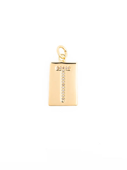 Thea Charm Bar is a hypoallergenic 18k gold-plated necklace featuring a rectangular pendant with a vertical row of clear stones and a round clasp. Available sizes: 16″, 18″, and 20″.