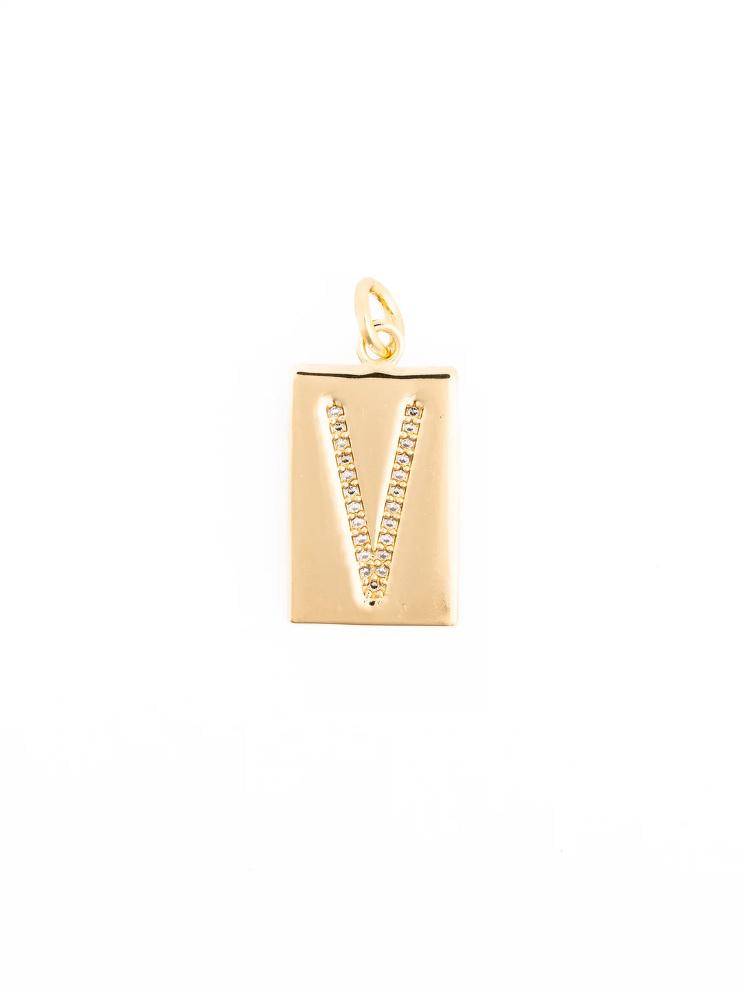 Thea Charm Bar: gold rectangular pendant with letter “V,” clear sparkling stones, 18k gold-plated, loop for attachment. Available sizes: Small (1”), Medium (1.5”), Large (2”).