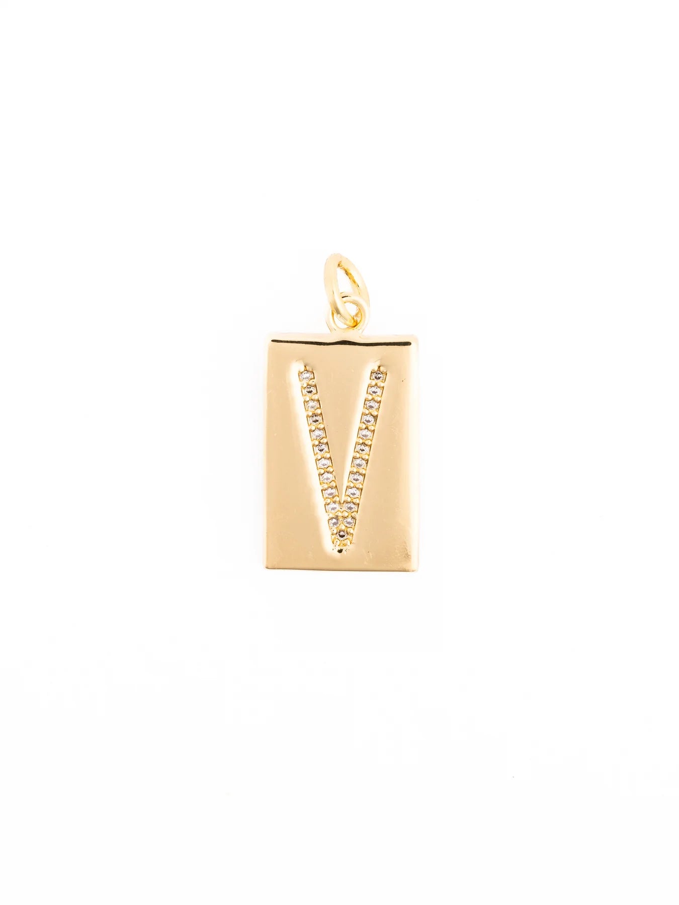 Thea Charm Bar: gold rectangular pendant with letter “V,” clear sparkling stones, 18k gold-plated, loop for attachment. Available sizes: Small (1”), Medium (1.5”), Large (2”).