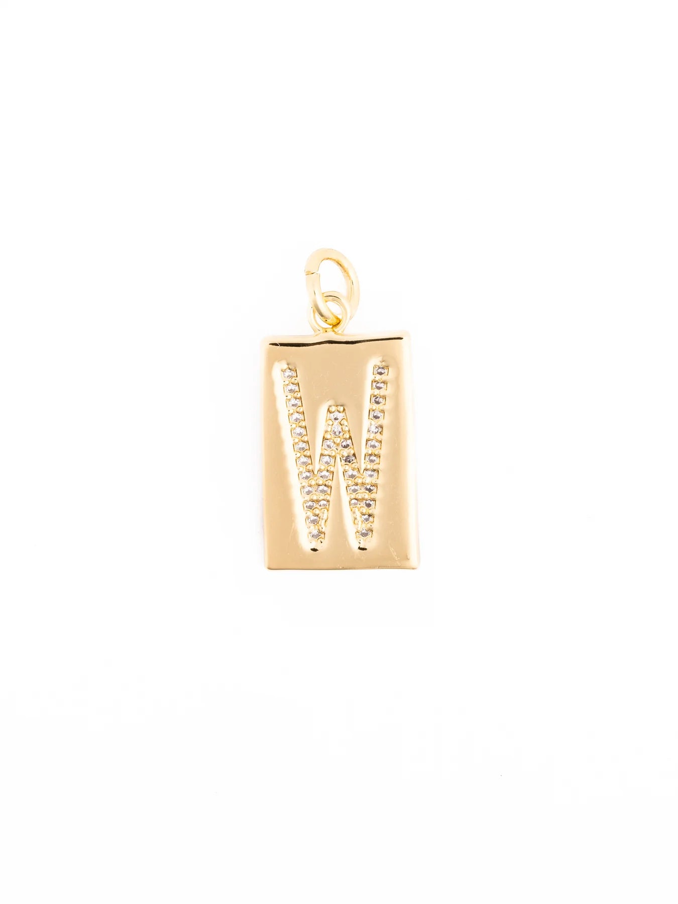 18k gold plated rectangular pendant with letter “W” in clear stones and a top loop for attaching to a charm necklace. Hypoallergenic and suitable for everyday wear. Available in multiple sizes.