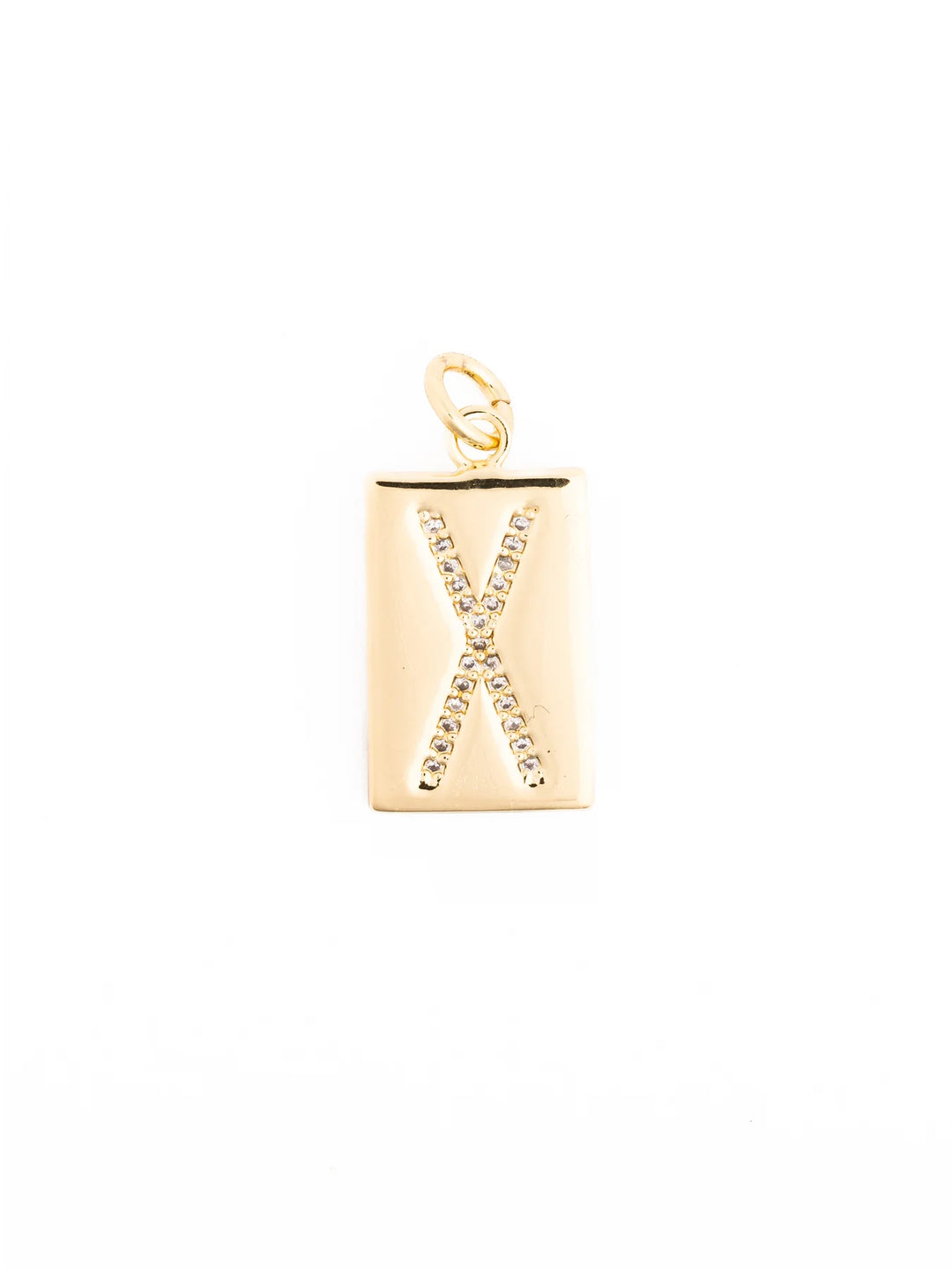 Thea Charm Bar: 18k gold plated rectangular pendant with a raised, crystal-embellished “X,” suspended from a gold loop. Customizable, hypoallergenic necklace available in multiple sizes.