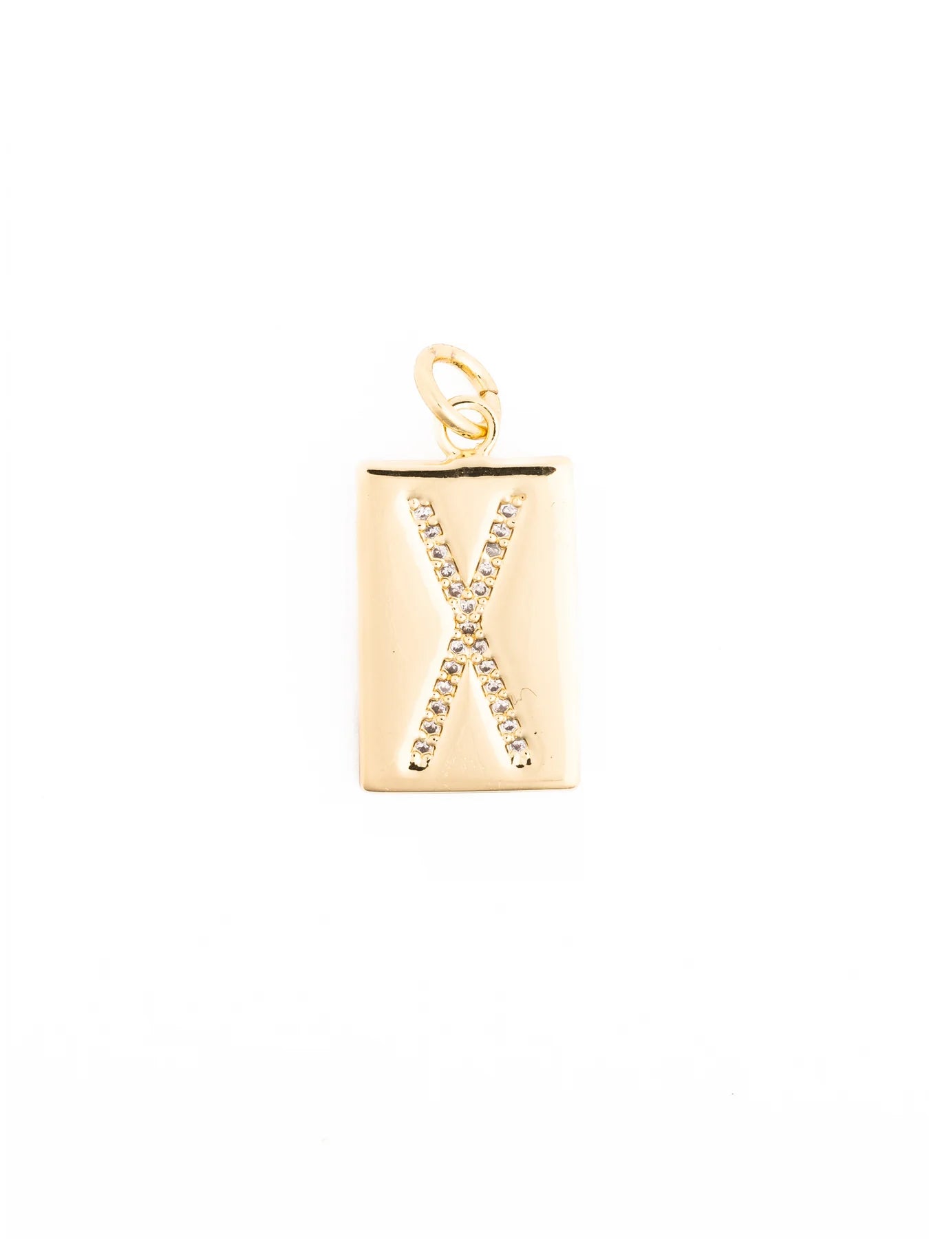 Thea Charm Bar: 18k gold plated rectangular pendant with a raised, crystal-embellished “X,” suspended from a gold loop. Customizable, hypoallergenic necklace available in multiple sizes.