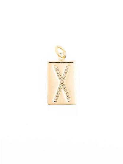 Thea Charm Bar: 18k gold plated rectangular pendant with a raised, crystal-embellished “X,” suspended from a gold loop. Customizable, hypoallergenic necklace available in multiple sizes.