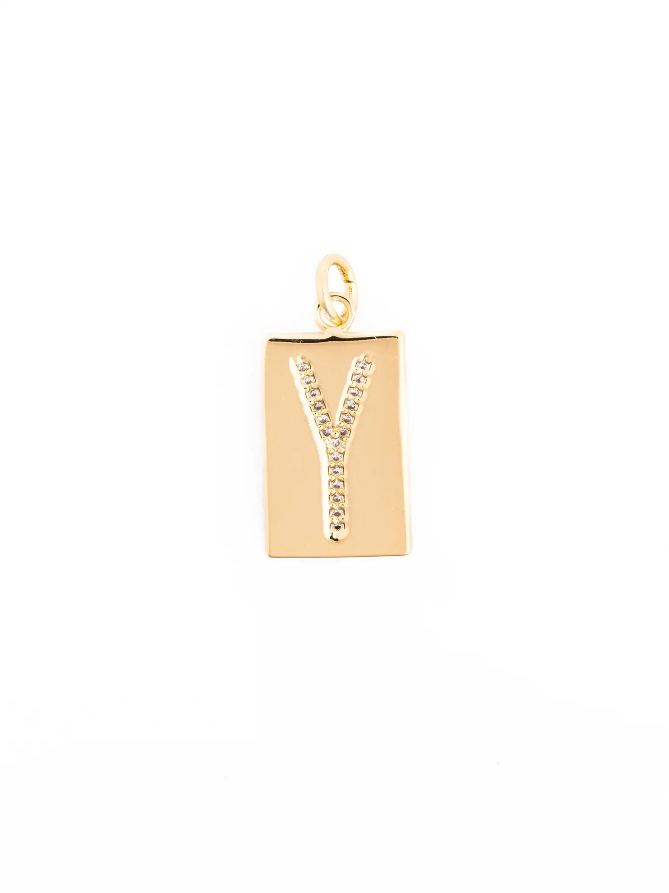 Rectangular gold pendant with a diamond-studded “Y” at the center and a small top loop; available in multiple sizes.