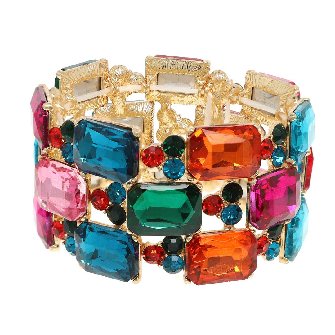 3-Row Rectangle Cut Crystal Gem Cluster Bracelet with multicolor rectangle and round stones. Available in S, M, L.