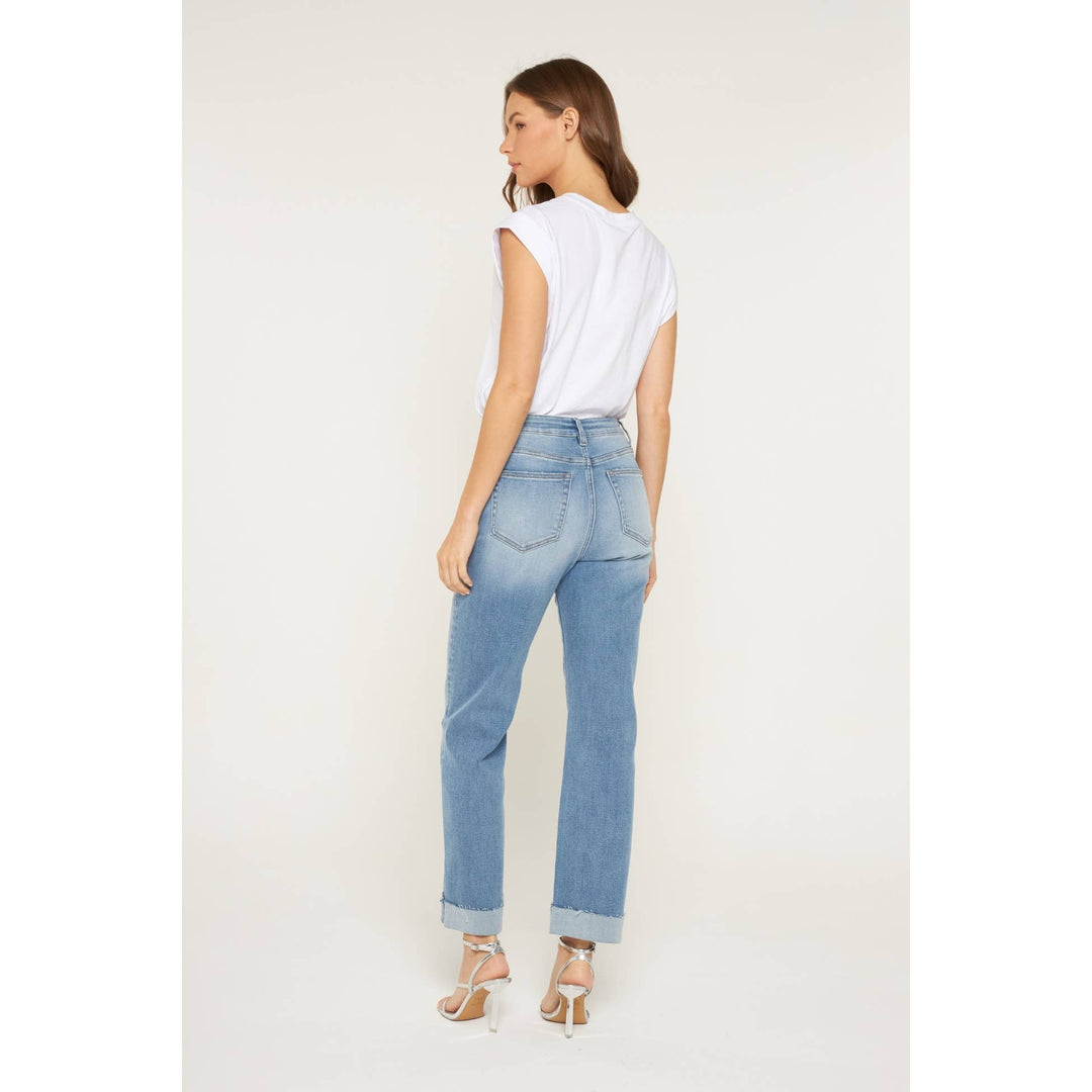 Light wash high rise straight leg jeans with cuffed hem in Queen Blue, size 26.
