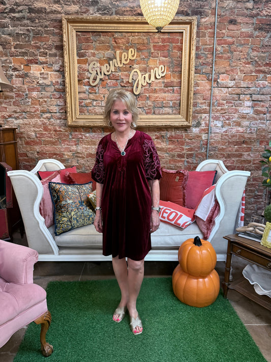 Wine Velvet Puff Sleeve Dress