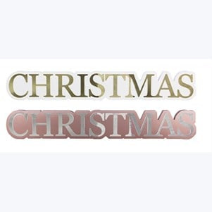 Two wood “CHRISTMAS” tabletop/wall block signs in gold and rose gold metallic finishes.