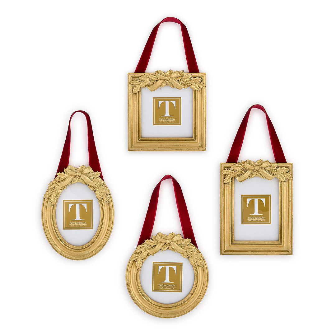 Gold-toned Holly Leaves Ornament Photo Frames in square, rectangular, oval, and circular shapes, featuring holly leaves and ribbon loops.