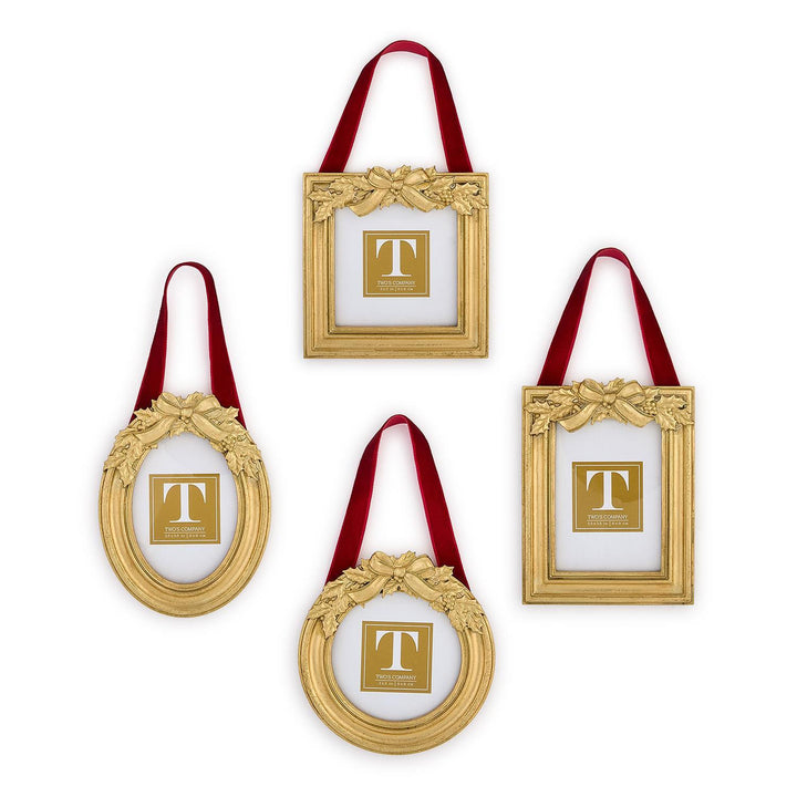 Gold-toned Holly Leaves Ornament Photo Frames in square, rectangular, oval, and circular shapes, featuring holly leaves and ribbon loops.