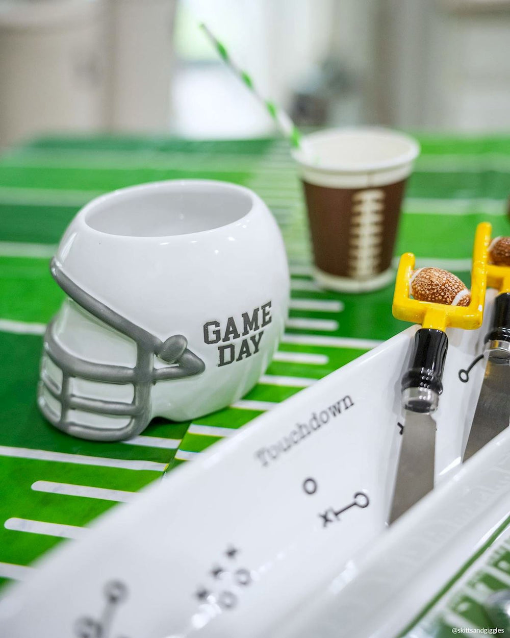 Game Day Dip Bowl shaped like a football helmet; available in small and large sizes.