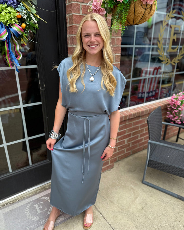 Slate Blue Satin Tie-Waist Midi Dress with a tie waist and midi length, available in sizes XS-XL.