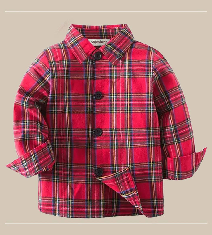 Red plaid long-sleeve cotton button-down shirt for boys.