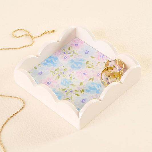 The Scallop Trinket Tray-Secret Garden Blue, floral pattern. Available in small and large sizes. Chic jewelry organizer.