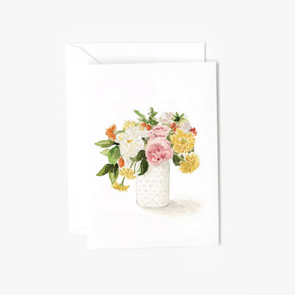 Hobnail Bouquet mini enclosure notecard with watercolor white vase, pink, yellow, and white flowers. Size: mini.