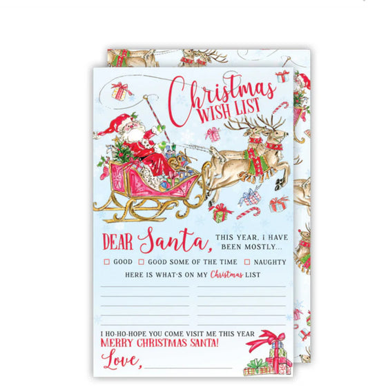 Festive holiday card featuring Santa Claus in a sleigh pulled by reindeer. Includes checkboxes for "Good," "Good Some of the Time," and "Naughty," along with spaces to write Christmas wishes. Decorated with gifts, candy canes, holly, and glitter. Sizes: 5x7 inches.